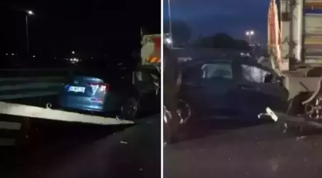 Seyir halindeyken tekeri kopan otomobil kamyona çarptı